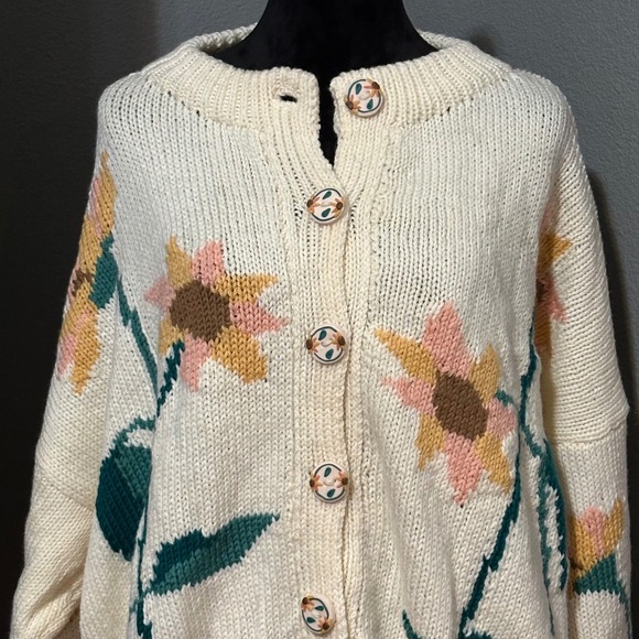 BONZO Wool Cardigan Sweater Hand Made New Zealand Sunflower Floral Button Front - Picture 2 of 12